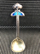 Modernist Arts & Crafts Blue Enamel Solid Silver Preserver Or Tea Caddy Spoon