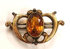ANTIQUE ART NOUVEAU AMBER GLASS GOLD FILLED LADIES WATCH FOB BROOCH