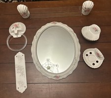Cottage Style 7 Piece Ceramic English Rose Clam Shell BATHROOM SET & Oval Mirror
