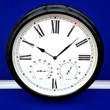 Wall Clock with Temperature And Humidity Dials 15" Roman Numerals Metal Frame