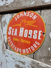 VINTAGE JOHNSON SEAHORSE PORCELAIN SIGN OUTBOARD LAKE BOAT MOTOR SALES SERVICE