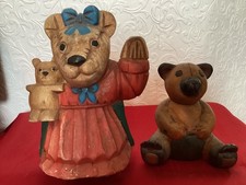 WOODEN CARVED TEDDY BEAR ORNAMENTS x 2. BOTH DIFFERENT. 
