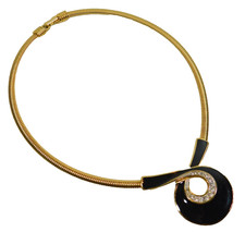 Vintage 1980's Trifari Gold Tone Black Enamel Clear Crystal Omega Chain Necklace