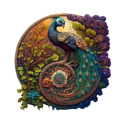 Peacock round wooden jigsaw - wooden,
