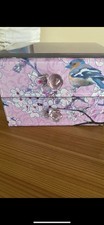 Beautiful Pink Two Drawer Jewellery Case With Blue Bird Design Clear Cut Handles