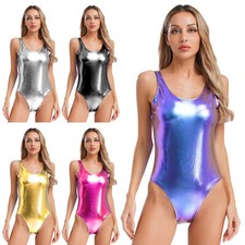 UK Womens Shiny Metallic Sleeveless Leotards swimsuit Bodysuit Catsuit Clubwear