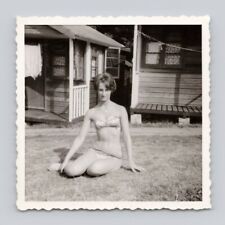 Old Tiny B&W Photo Woman Sunbathing Pose Bikini Chalets