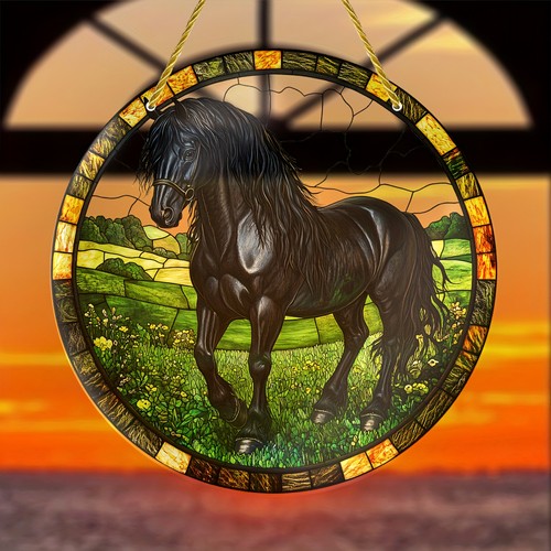 Black friesian horse green - black,