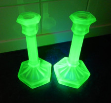 Walther & Sohne Pair Prismen Frosted Uranium Glass 18cm. Candlesticks
