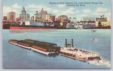 Skyline Of New Orleans Federal Barge Line Entering Louisiana Linen Postcard