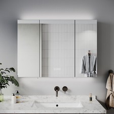 Black Bathroom Mirror Cabinet with LED Lights Demister Socket Dimmable 900x650mm