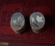 2Hand Carved Soapstone TrinketS Holder Inlay White Flower Boxes With Lid Floral