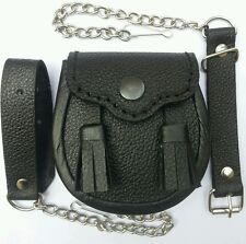 Baby Size 2 Tassels Quality Black Cowhide Leather, Scottish Kilt Sporran + Belt