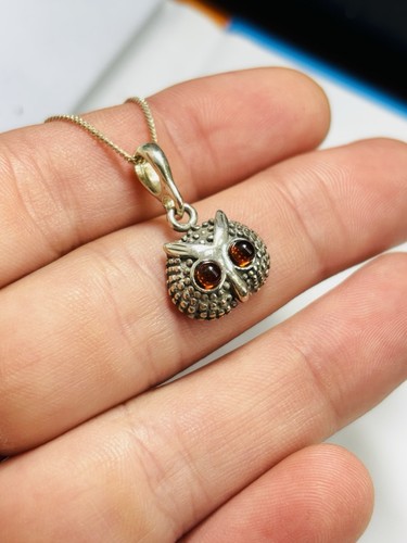Silver and amber owl pendant