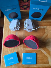 Two Amazon Echo Pop 1st Generation Smart Speakers - Charcoal - Plus Red Sleeves