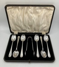 Antique Elkington Monarchy Silver Plate Rattail Tea Spoons Set with Sugar Nips