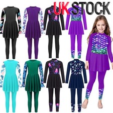 Modest Burkini Sets for Girls Mermaid Fish Scale Swimdress with Pants Swimsuits