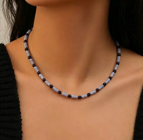 Blue striped tube bead choker - blue,