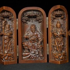 Vintage Japanese Netsuke Old Boxwood Carved Three Open Buddha Box Statue #7