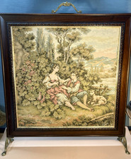 French Aubusson Style Idealism Tapestry Fireplace Screen Brass Wooden Frame
