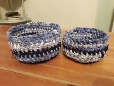 Small Upcycled Amish Knot Rag Rug Baskets - set of 2 in shades of blue