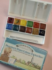 Vintage Windsor & Newton Sketchers Water Colour Pocket Box Paints & Brush (2538)
