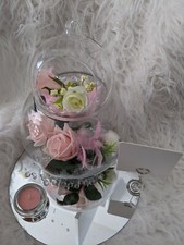 WEDDING TABLE CENTREPIECES, WITH FISH BOWL and GLASS BAUBLE on MIRROR STANDS 