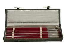 Oriental Vintage Paint Brushes Set Size 1-6 Red Wood In Green Brocade Box