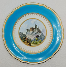 Antique Porcelain Cabinet Plate Hand Painted Signed Castle Figure Turquoise 1879