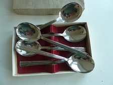 VINTAGE SET OF ATHENIAN ENGLISH MADE STAINLESS STEEL DESSERT SPOONS ORIGINAL BOX