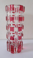 Vintage 1970's Heavy Glass Red Overlay on Clear Cut Glass Vase 6 inches tall