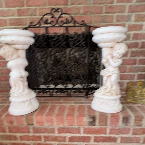 White stone cherub pedestal - white,