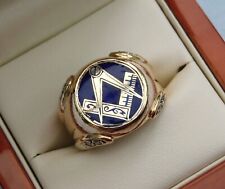 MASONIC 14CT YELLOW GOLD + DIAMOND BLUE ENAMEL SQUARE & COMPASS RING 8.7g SIZE P