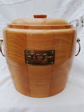 Mid Century Wooden Barrel Shaped Ice Bucket Brass Plaque Liner Crafted in Jersey