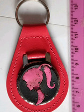 VINTAGE Old Keyring Leather Look Red Barbie Girl Doll Logo Symbol Pink Plastic 