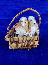 Vintage BASSET HOUND Dog Puppies In Basket Porcelain Ceramic ORNAMENT Figurine