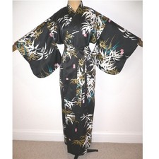 NEW, SILKY BLACK FAUX SILK, JAPANESE KIMONO STYLE DRESSING GOWN ROBE BAMBOO