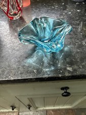 Vintage freeform art glass hand blown ashtray / trinket dish, clear & Turquoise