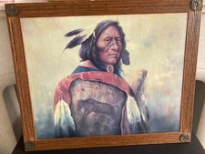 American Indian Chief Vintage Troy Denton Signed on wood large Western Art