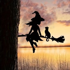 "Witch & Cat Iron Garden Decor