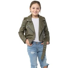 Kids Girls Jackets Designer's PU Leather Khaki Jacket Zip Up Biker Belted Coats