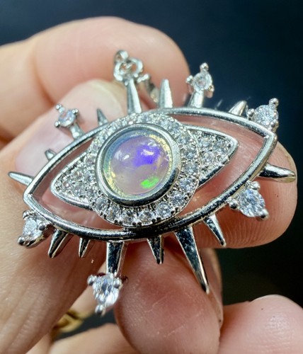 Crystal opal evil eye pendant - crystal,