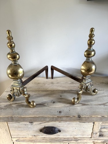 Antique brass fire - brass, dogs