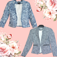 2 x H&M SIZE 6 BLAZER JACKET AZTEC BLUE TWEED NAVY WHITE WORK BUSINESS FORMAL