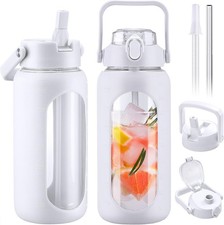 BLUEGO 2L Glass Water Bottles with 2 Lids Flip Lid and Spout Lid Half Gallon Wa