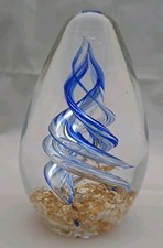 Glass Paperweight Swirl Decorative Ornament, Clear Blue and Gold 10cms