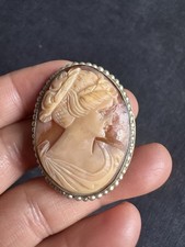 Antique 800 Italy Mark Carved Cameo Shell Lady Portrait Faux Pearl Brooch