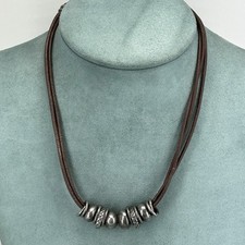 Miglio necklace brown faux leather cord silver plated beaded designer 18.5''