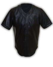 Mens Black Leather Shirt Soft Lambskin Leather Base Ball Jersey Style Shirt Bluf