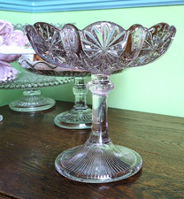 ANTIQUE BRILLIANT CUT LILAC COLOURED GLASS PEDESTAL COMPOTE 19cm HIGH ~ VGC